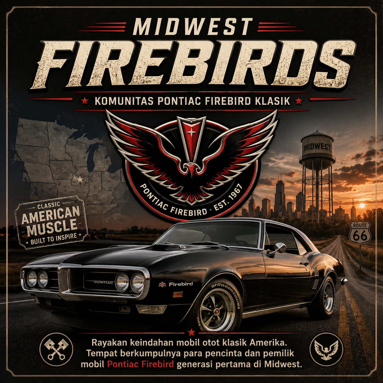 Pontiac Firebird generasi pertama tahun 1967–1969 dengan motif api khas pada kap mesin.
